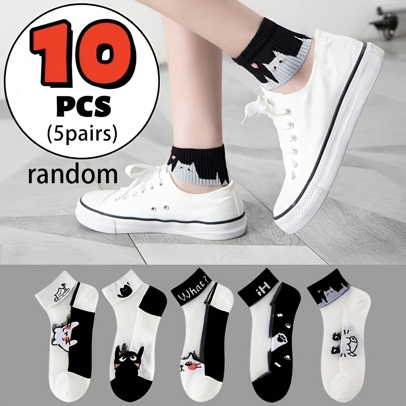 TEMU 10pcs/5pairs Random Women's Cat Print Breathable Thin Socks - Breathable, Comfortable, Lightweight, Transparent Mid-calf Design With Cute Cat