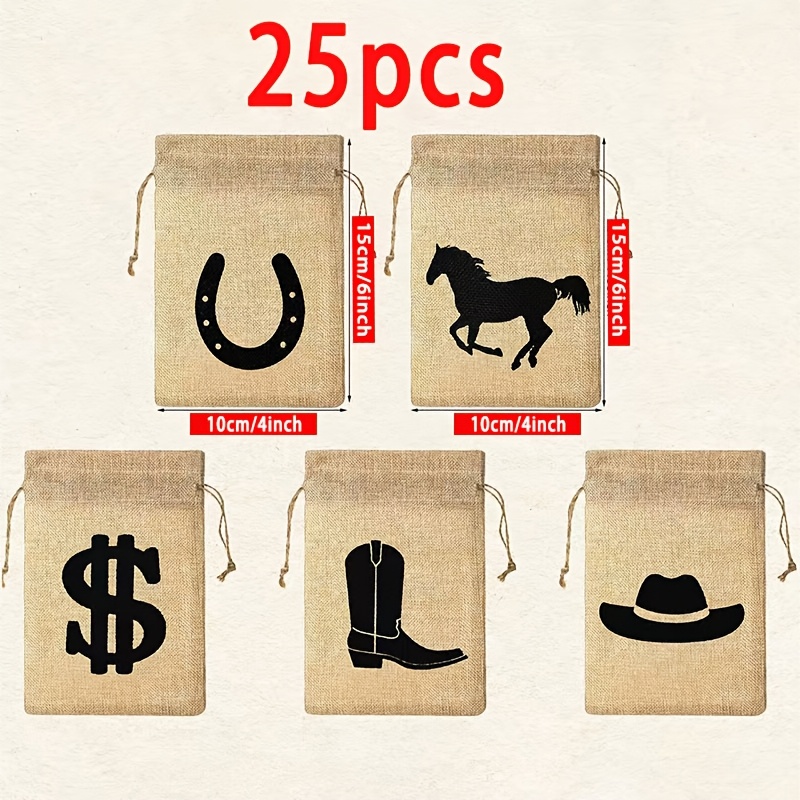 TEMU 15/25pcs Sacs Cadeaux en Denim et Jute avec de Bottes et de Fer à Cheval | 4x6 pouces pour Western Cowboy, Cadeaux de Fête, Articles