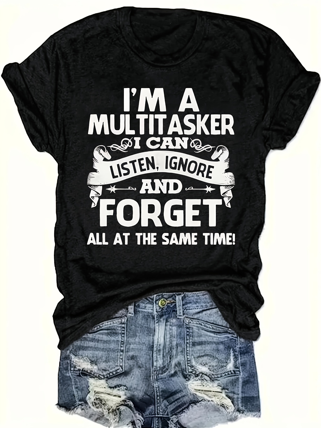 Women's Casual Short Sleeve T-Shirt with Funny Multitasker Slogan Print - Black & White Letter Graphic Tee, Round Neck, Machine Washable, Spring Summer Fall Essential, Ladies T Shirts, Seasonal Fashion, Flattering Fit Shirt, Comfortable Fabric, Versatile Fashion