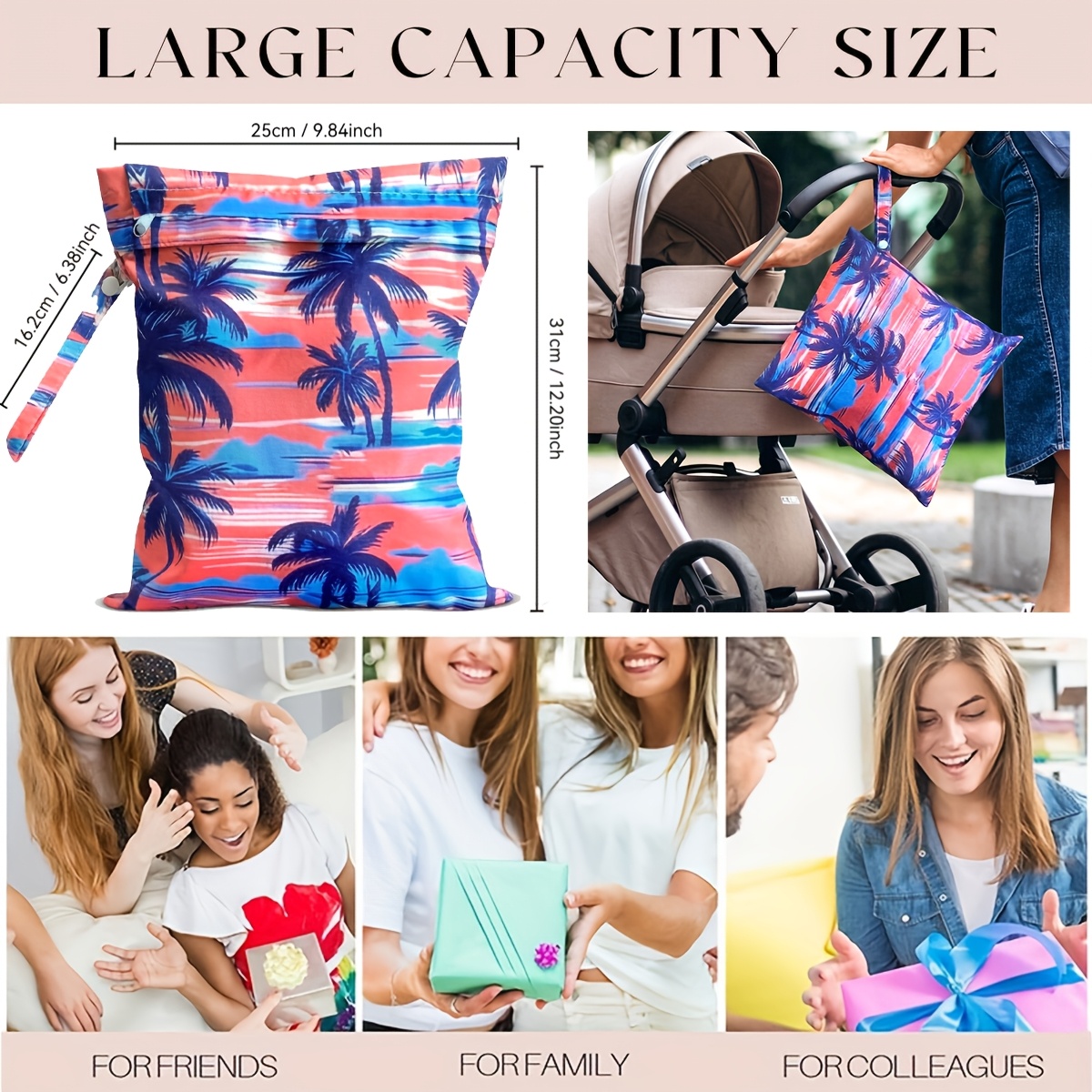 Reusable Wet Storage Bag with Tropical Palm Print Pattern, Designed for Diaper Storage. Dimensions: 9.84in*12.2in. Perfect for Storing Swimwear, Travel Essentials, Beach Items, and Pool Supplies. Ideal for Themed Gifts and Holiday Presents