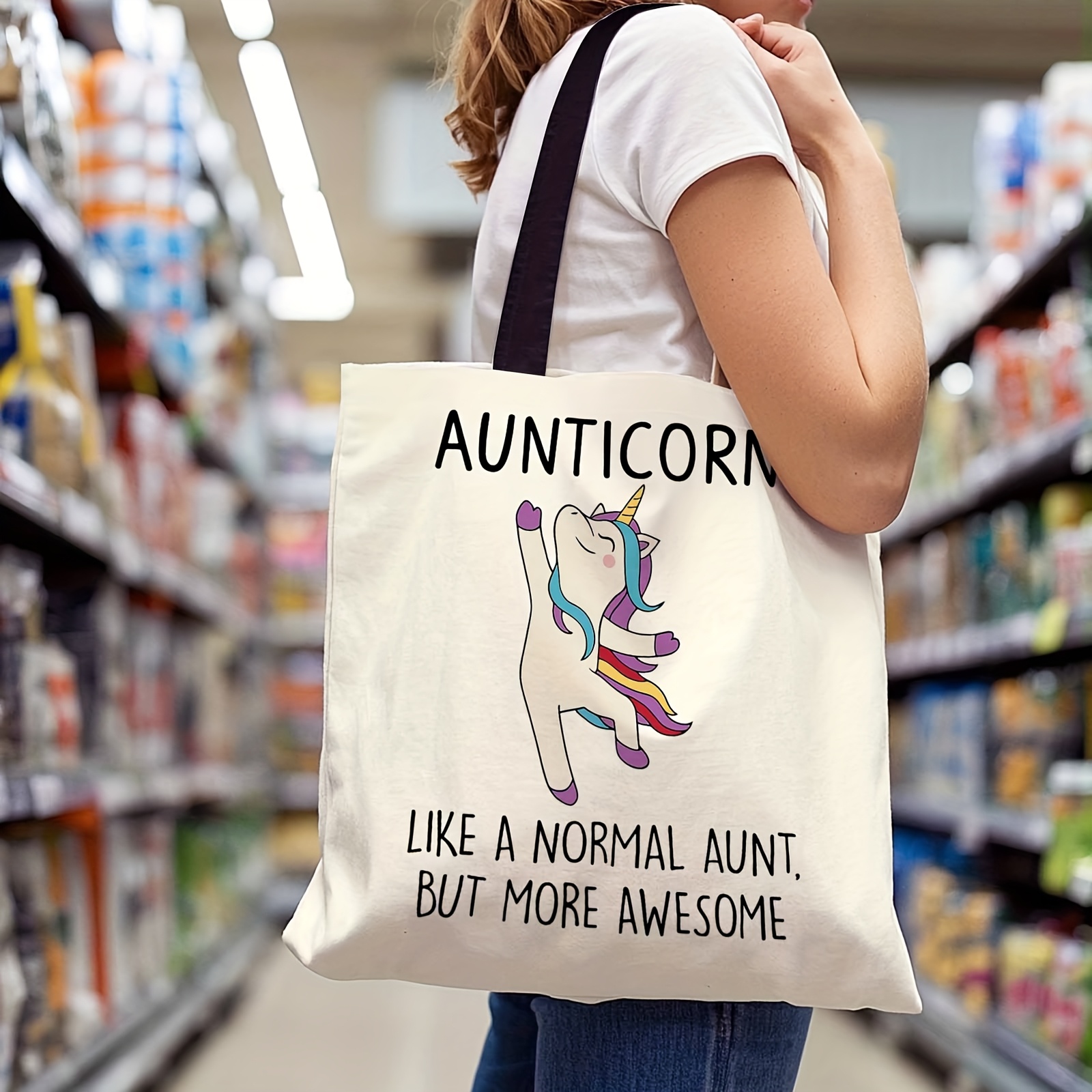 Image of 1pc Large Capacity Durable Tote Bag- Aunticorn, Awesome Aunt, Unicorn Character. Suitable For Travel, Daily Commuting, Shopping, Spring , Picnics, Camping, Machine Washable, Perfect Gift For