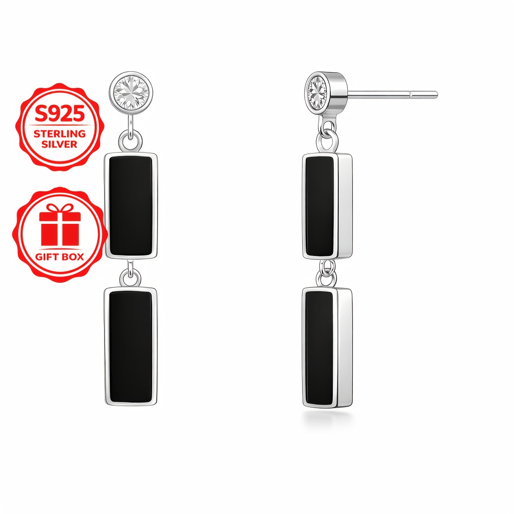 Image of Elegant Gift Box Containing 925 Sterling Earrings Designed For Women, Featuring 5a Cubic Zirconia And Black Onyx. Stylish And Luxurious, Versatile Earrings Any Outfit