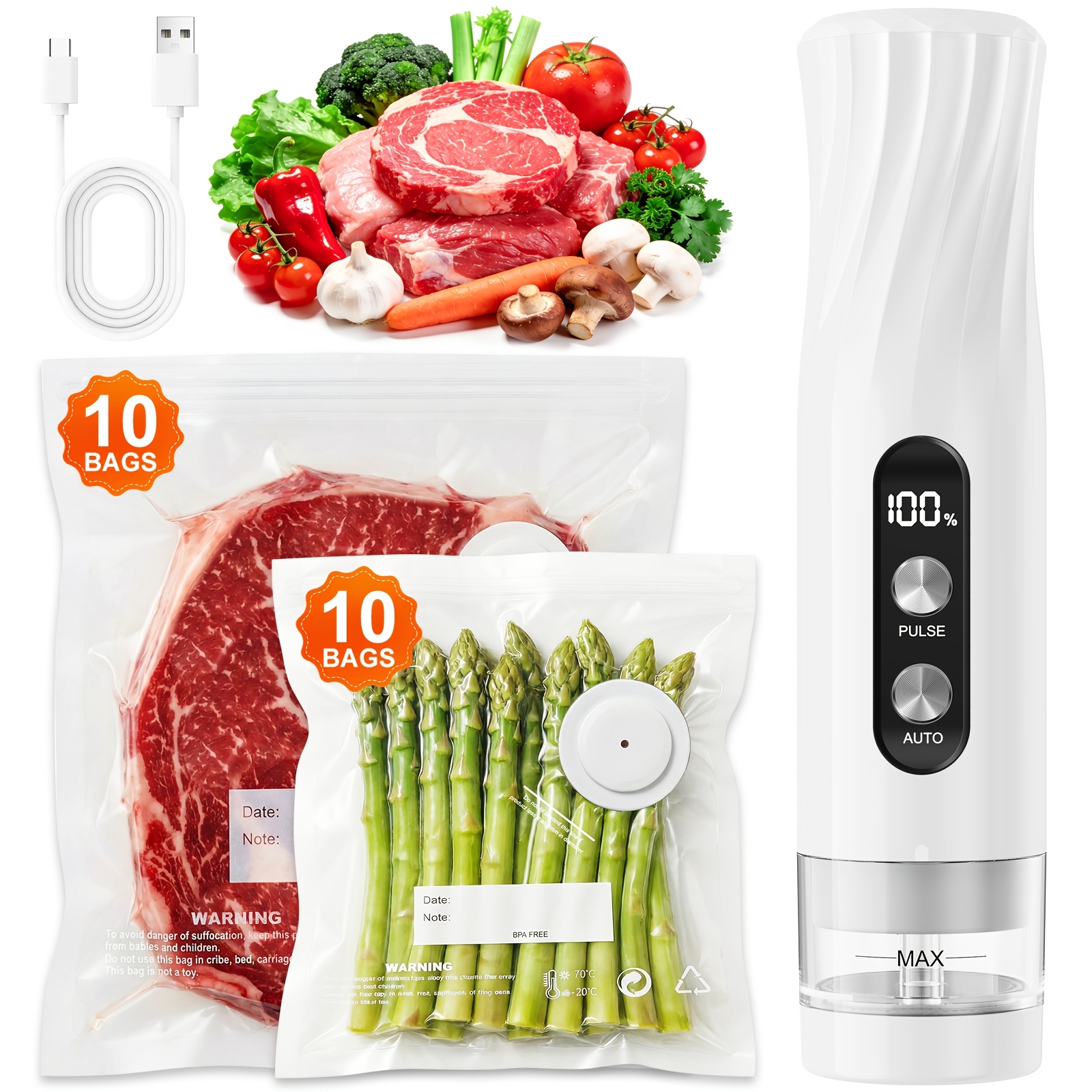 Babacom Sealer For Food, 60kpa Powerful Vacuum Sealer Machine, & Mode For Delicate Foods, 1800mah Rechargeable, 20 Reusable Bags