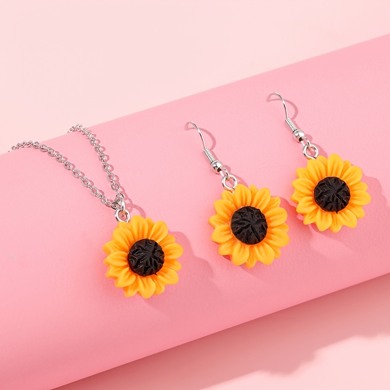 TEMU 1 Cute Sunflower Flower Necklace And 1 Pair Of Earrings, For Teenager