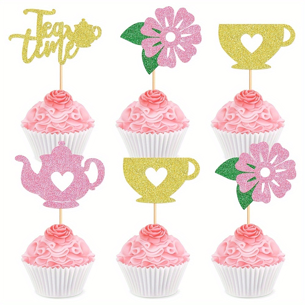 

24pcs Cupcake Toppers - Bamboo Teapot & Cake Picks For Princess Birthday, Afternoon Tea Decorations, Tea Party Supplies