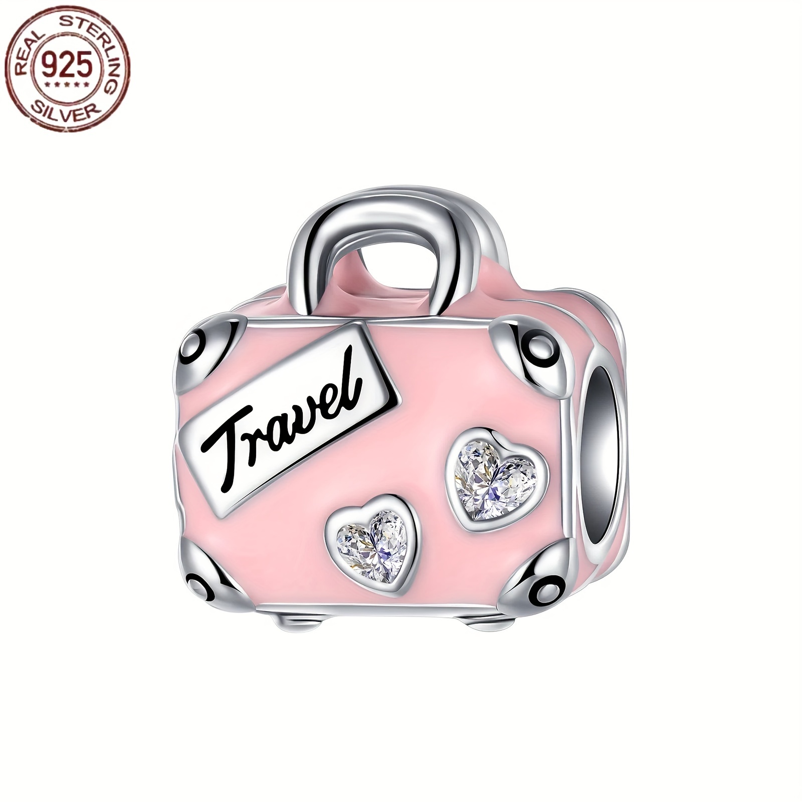 

925 Sterling Silvery Travel Luggage Case Jewelry Charm, Pink Pendant With Zirconia Heart For Necklaces And Bracelets, Christmas Gifts