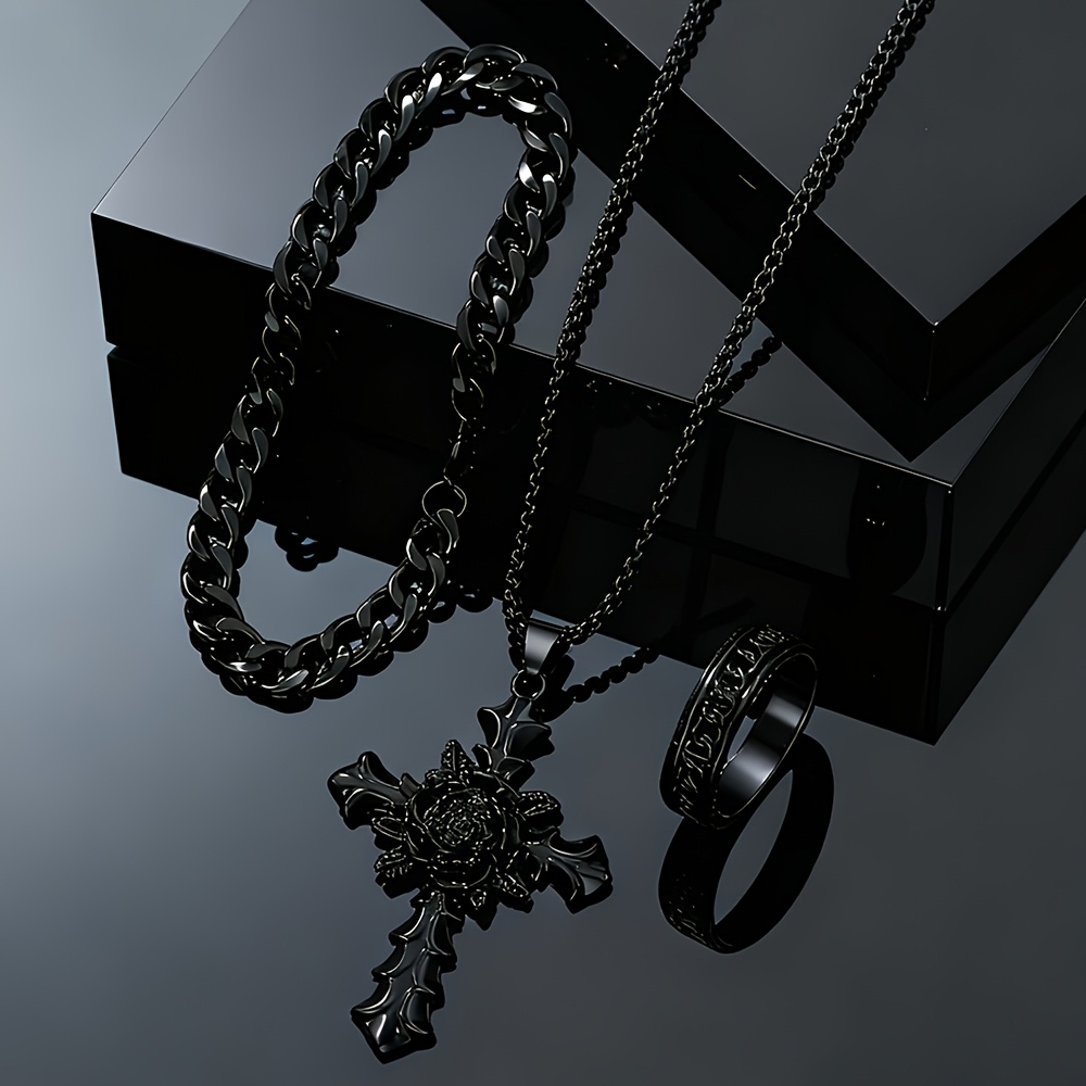 Image of 3pcs Men's Fashion Cross Jewelry Set, Casual And Simple For Daily Wear
