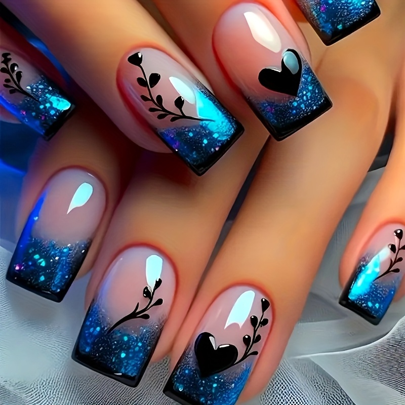 24pcs Luxurious And Stylish Medium Square Press-on Nails, Featuring Floral And Heart-shaped Gradient Blue Designs, Along With Nail Files And Jelly Glue