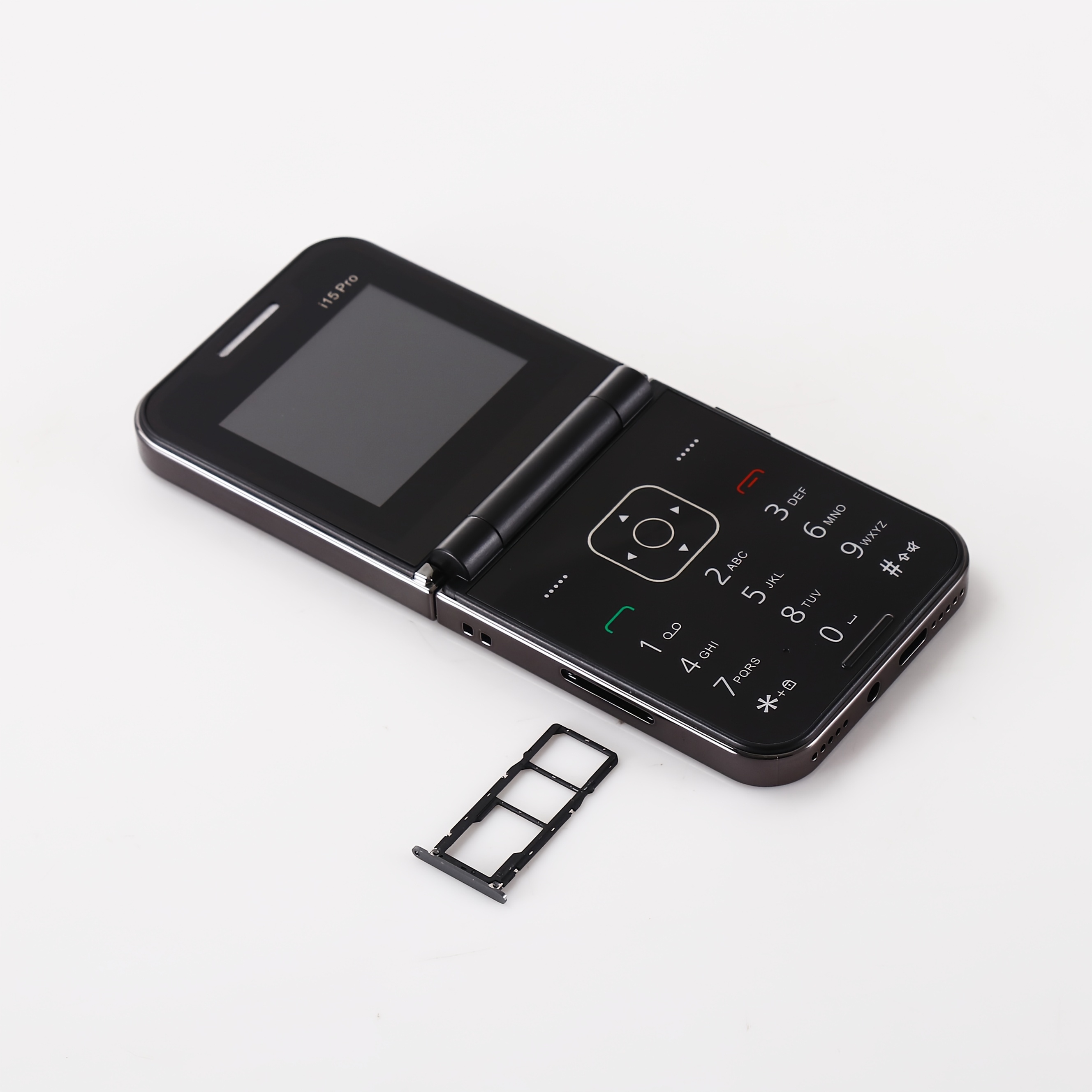 TEMU El teléfono plegable para 2025 una batería de 1350 mAh y carga tipo C, soporta tarjetas SIM duales y se a 2G. diseñado como un teléfono de