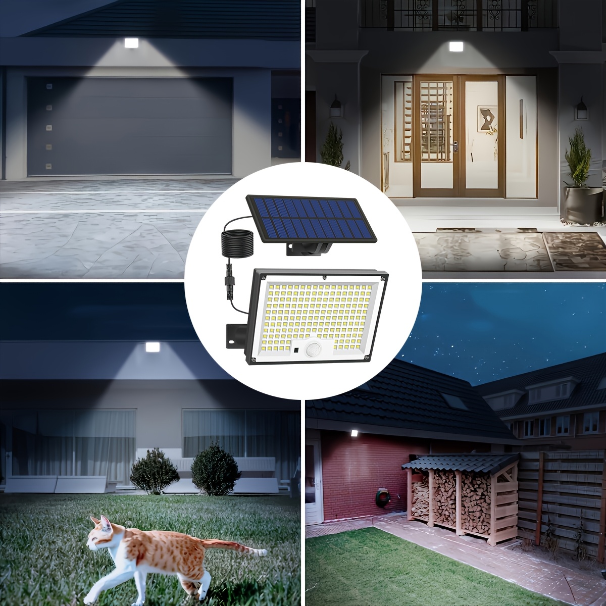 solarne lampe za vanjsku upotrebu, sa 172 led diode, tri načina   i senzorom pokreta. ove lampe dolaze sa daljinskim upravljačem i kablom od 16.4ft, što ih čini idealnim za osvjetljenje vašeg dvorišta, trijema, vrta ili garaže sa podesivom svjetlinom. Detalji o proizvodu 4