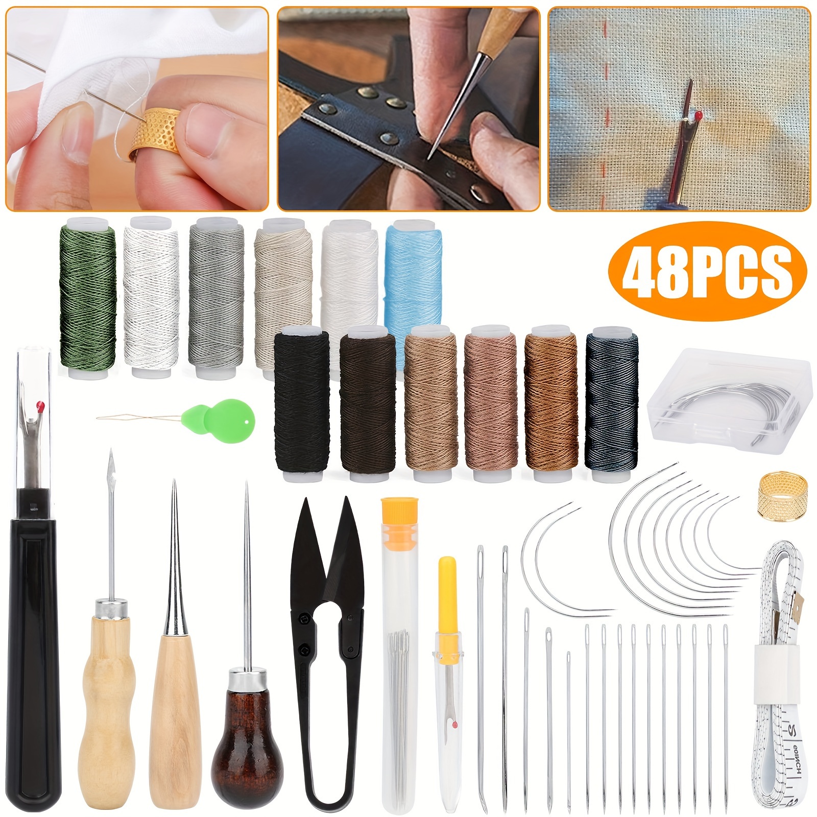 

Heavy Duty Leather Sewing Kit, Craft Tools For Diy Upholstery Repair - Includes Sewing Awl, Seam Ripper, Needles, Thread