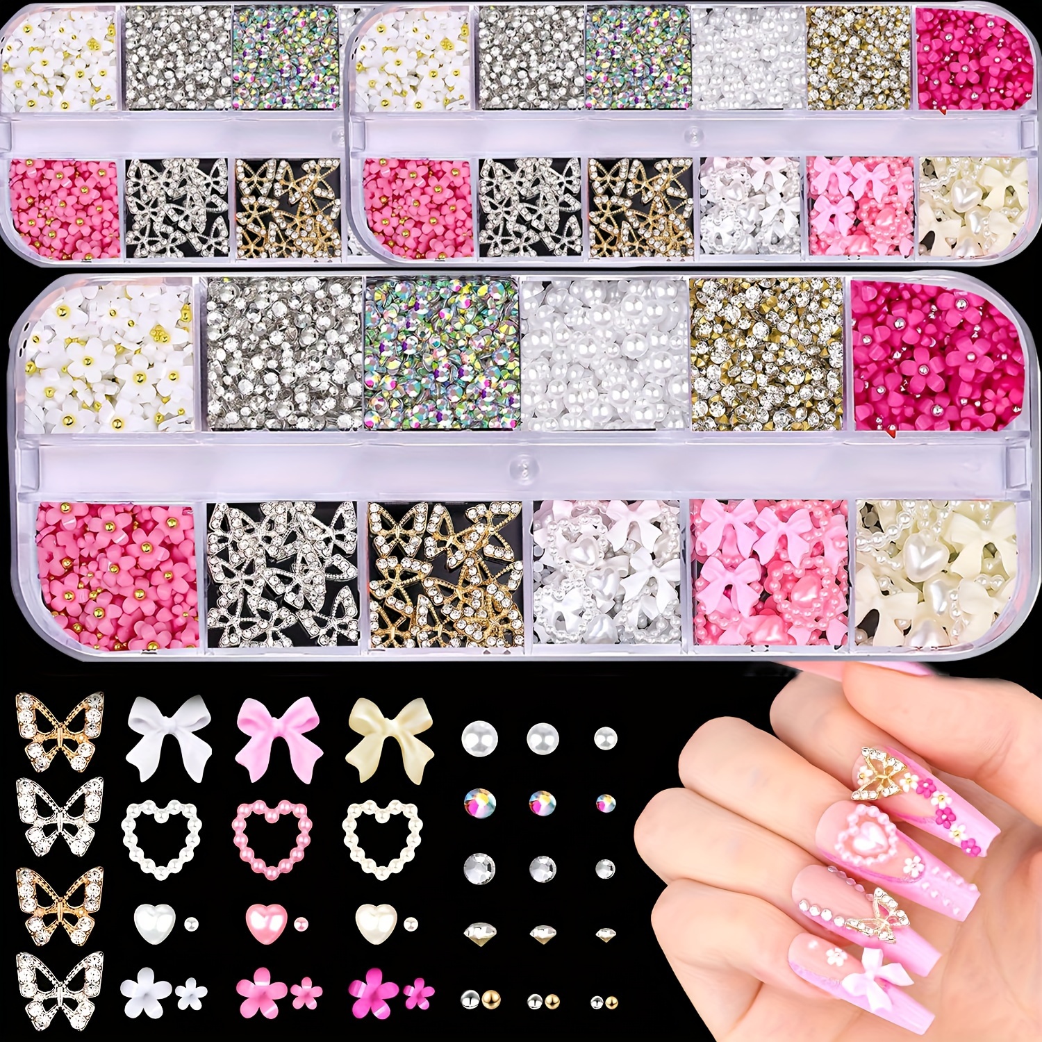 

95pcs 3d Nail Charms And Gemstone Set 20pcs Thick Butterfly Charms + 75pcs Nail Bows And Hearts + 3d Flower Nails With Rhinestones, Pearls, Diamonds And Harvesting Tools Y2k Nail Decor