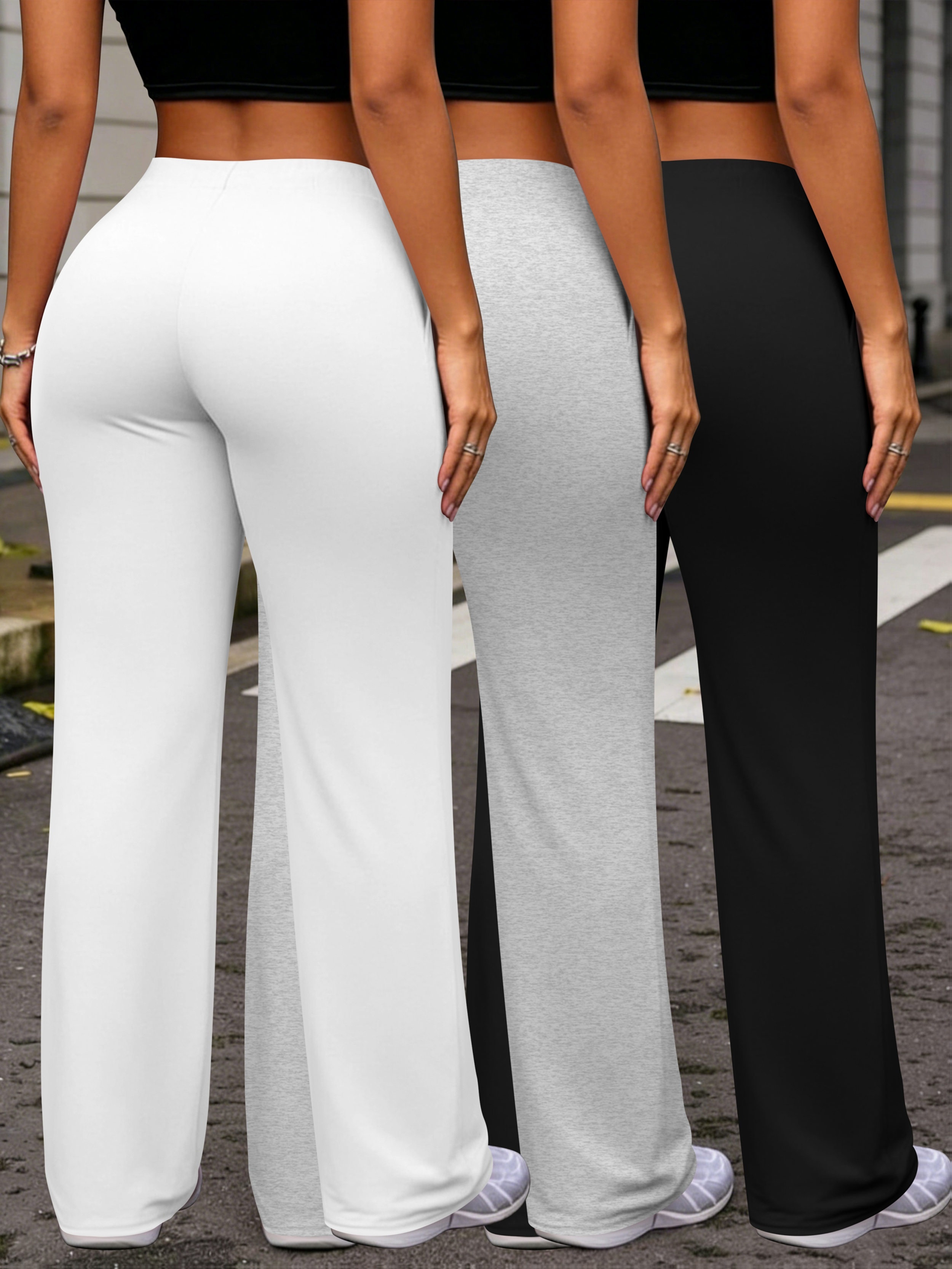 Women'S Casual Three-Piece Wide-Leg Pants, Drawstring Waist Pocket Comfortable Versatile Solid Color Style Trousers