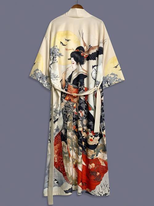 traditional ethnic japanese vintage beauty print length eighth sleeve satin kimono cardigan thin outerwear for women european and american style casual loose cover up beach travel vacation uchikake thin cape