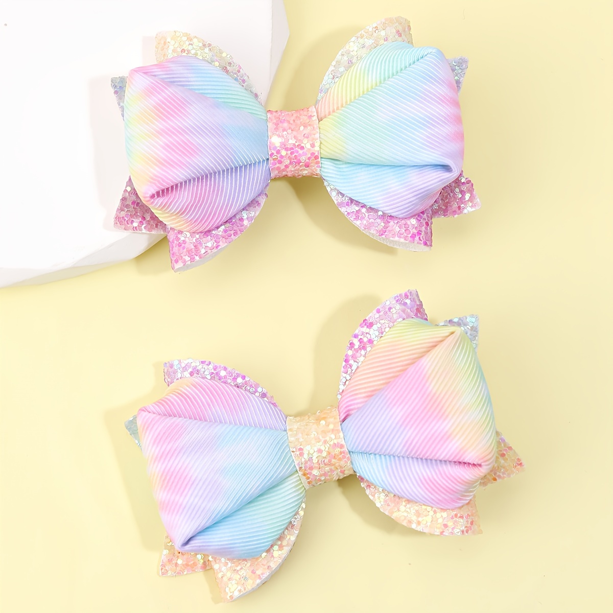 Image of 2pcs Sweet Multicolor Glitter Bow Hair Clips For Women - Non-slip Fabric Barrettes With Colorful Gradient, Perfect For Daily Wear & Birthday Celebrations