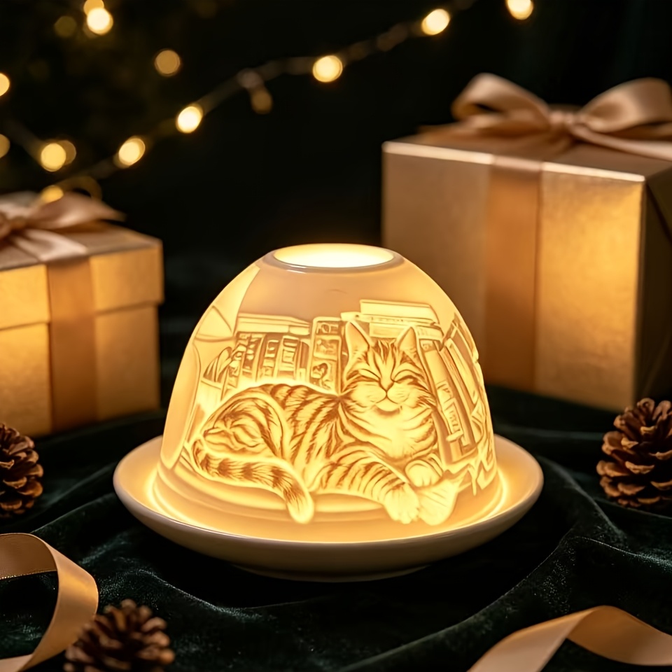 TEMU Ceramic Cat-themed Dome Candle Holder & Plate Set With Lampshade Suitable For Tea Candles, Tabletop Centerpiece For Christmas, Valentine' Day