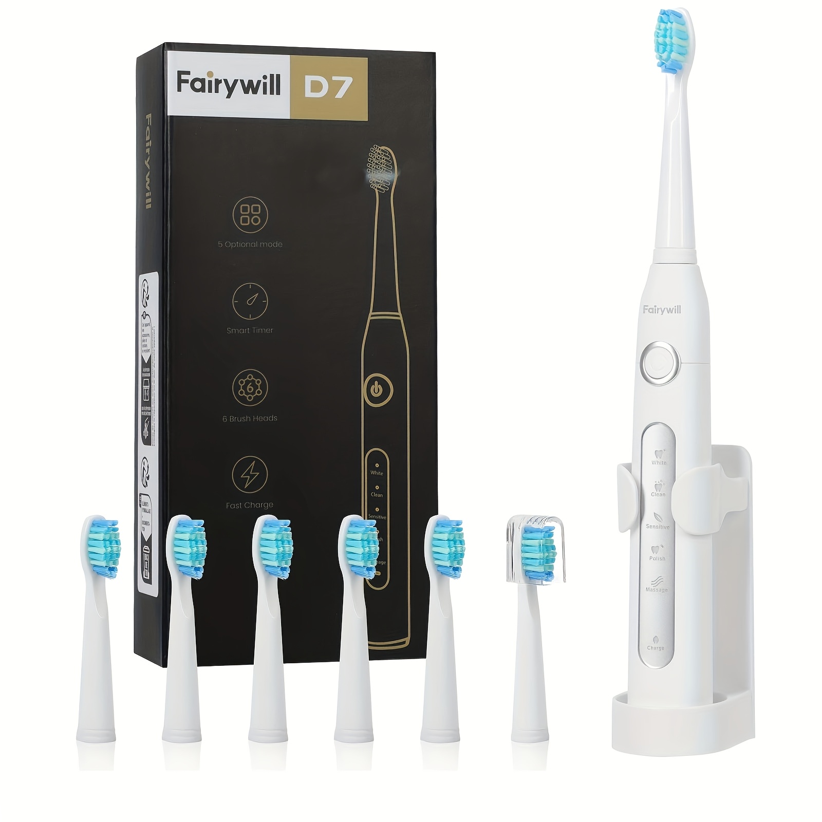 Fairywill Electric Toothbrush For Adults, Usb Rechargeable With Brush Heads, 5 Cleaning , Timer, 3-hour Fast Charge
