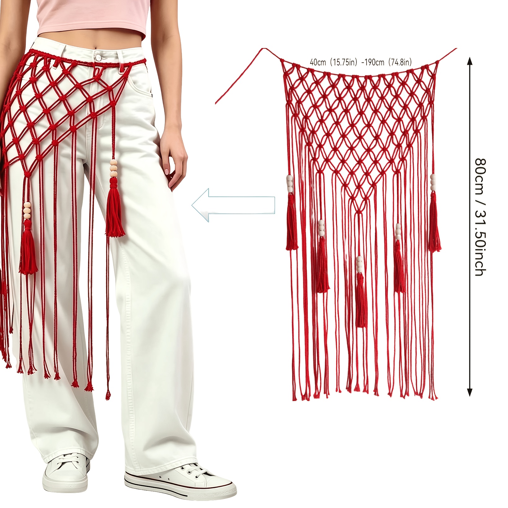 TEMU Boho Hand- Tassel Waist Belt Multicolor Macrame Body Chain For Women, Multi-use Decorative Wrap Shawl & Wall Hanging Tapestry Dress Accessory