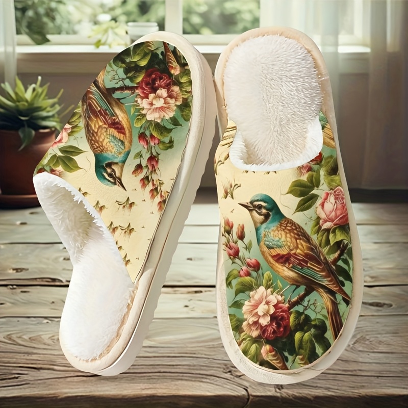 TEMU Les pantoufles d'intérieur sur le thème floral et oiseaux ornées de colorées oiseaux reposant parmi des fleurs et des feuilles vibrantes, créant
