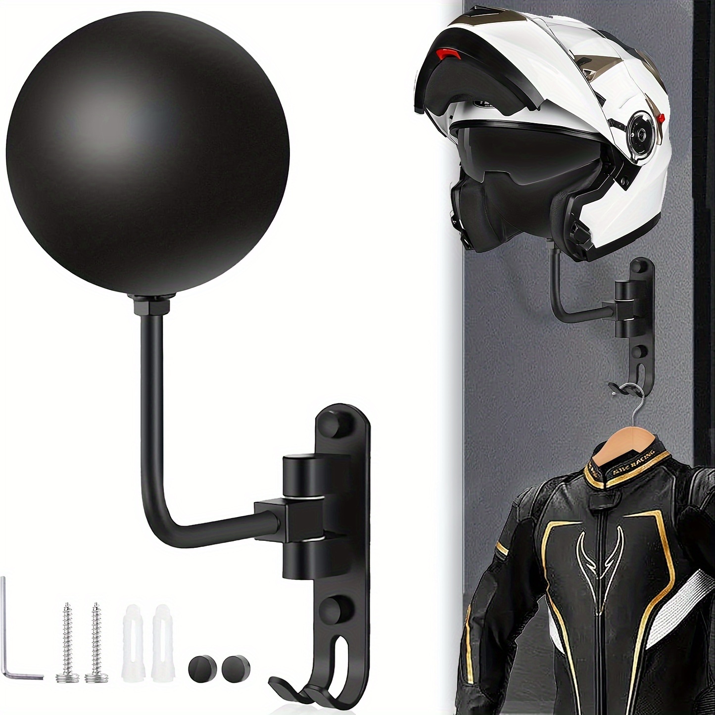 

Motorcycle Helmet Rack Wall-mounted 180-degree Rotating Metal Bicycle Helmet Holder Installation Bicycle Helmet Display Hanger, With , Suitable For Motorcycle Baseball Rugby Helmets - Black, 1