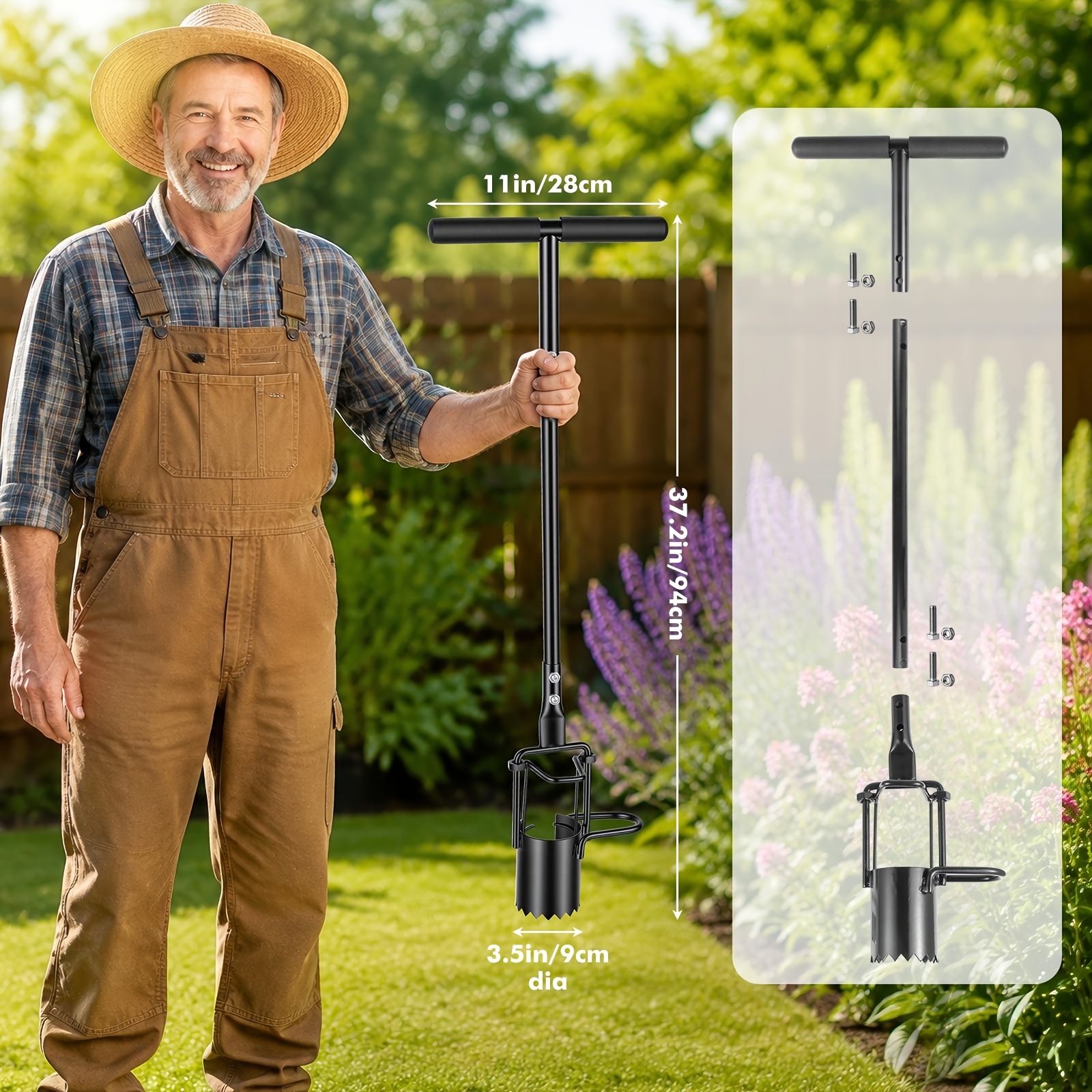 Image of Long Handle Bulb Planter Tool, Serrated Base Gardening With , Heavy Duty Sod Plugger For Planting Tulips, Irises