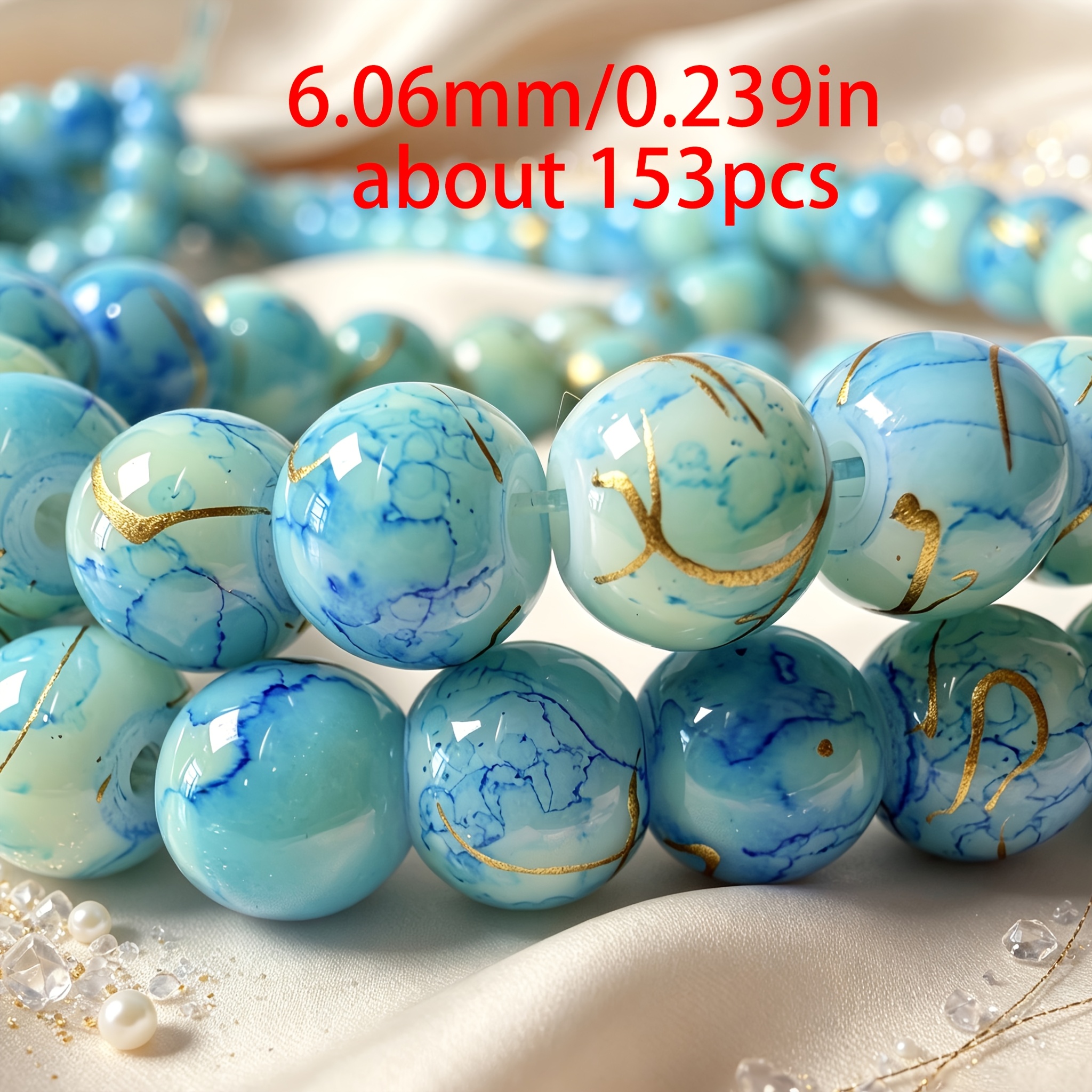 TEMU Beads & Bead Assortments 6.06/8.09/10.13mm, . 153/92/76pcs, Sky Blue With Golden Pattern, Round Glass Beads With Holes, High-quality Luxurious