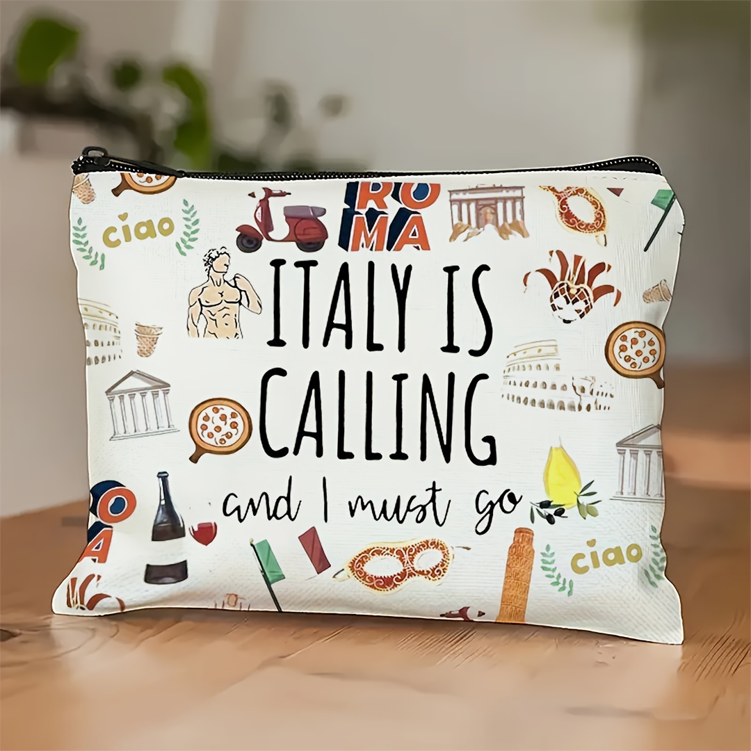 TEMU 1pc "italy Is Calling, I " Large-capacity Makeup Bag – Souvenir Design, Material: Cosmetic Organizer Bag With Zipper, Featuring Vibrant