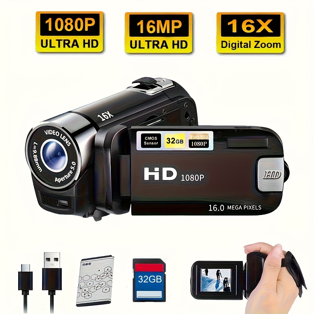1080P Portable Digital Camcorder – Rotating Screen Video Camera with Rechargeable Battery, 32GB Memory Card Support, Selfie Mode & Travel Photography Recording — Zaynora Luxury Marketplace