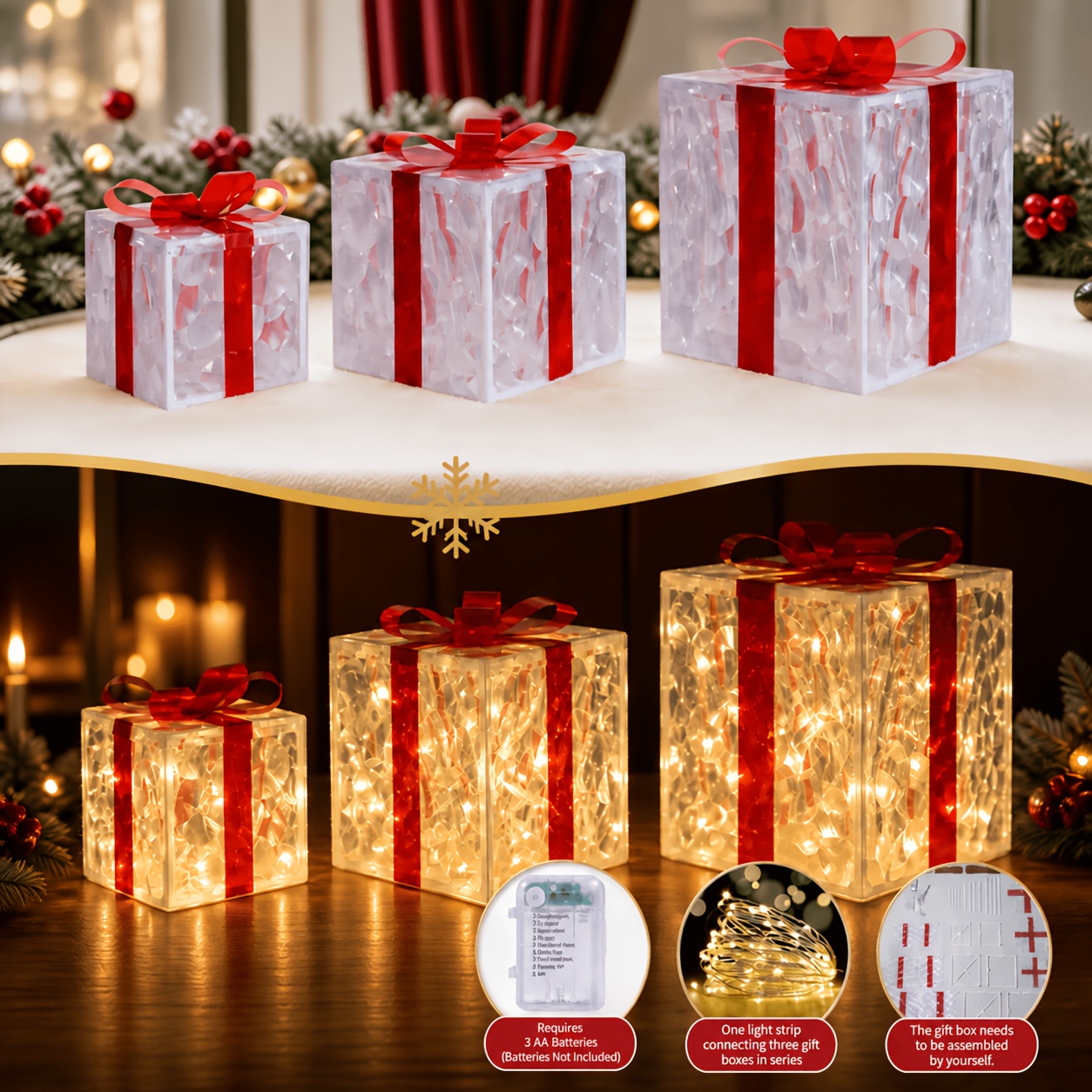 TEMU 3pcs Christmas Gift Box Lamp - Transparent Gift Box With Strap, Led Luminous Gift Decoration Box Light, Ip66 Diy Box Packs Christmas Tree