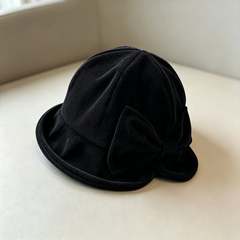 TEMU 2d Flat - Vintage Corduroy Oversized Bow Short Brim Newsboy Beret Cap For Women, Fall Winter, Gentle Vibe Luxury Feel Face-flattering Hat