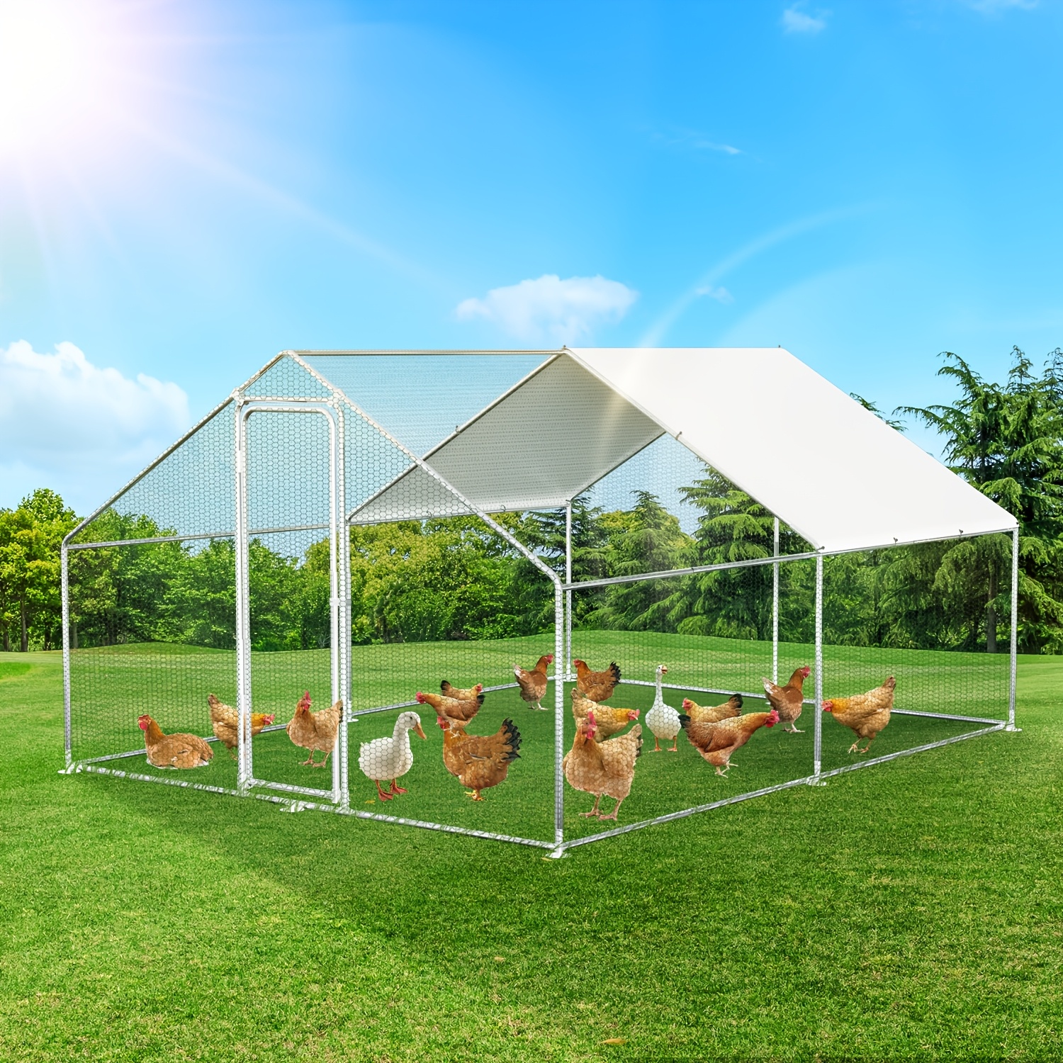 Image of Xxl Large Heavy-duty Chicken Coop & - Galvanized With Uv-resistant Canopy, Lockable Wire Mesh Enclosure Suitable For Chickens, Rabbits, Ducks - Outdoor Backyard Poultry Pen