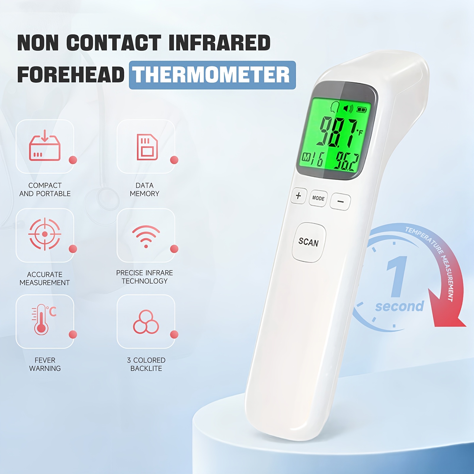 Puzxo Non-contact Thermometer, Suitable for Forehead And Surface Measurements, Delivers Precise Readings In 1 Second. Features An LCD Display with 32 Memory Slots, Suitable for Both Home And Clinical Use.