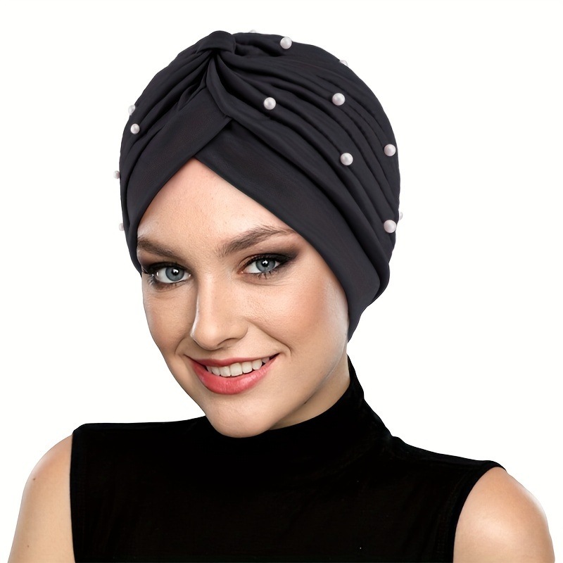 

Polyester Pearl Embellished Turban Hat - Stretchable Knitted Turban Cap For Women - Chemotherapy Headwear Without Feathers