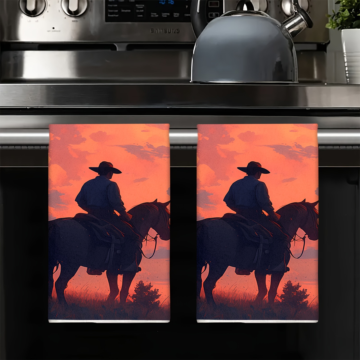 TEMU 2pcs Cloud Cowboy Horse & Dishcloth Set - Modern Quick-dry Microfiber Suitable, Bath, Western-themed Decor, Machine Washable Absorbent Towels