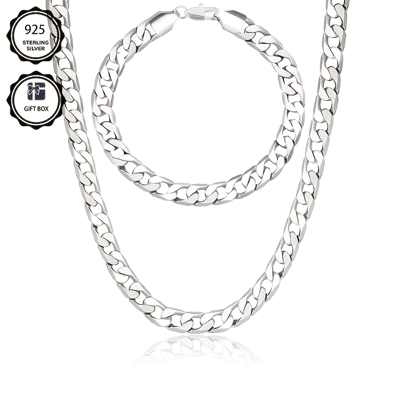 E-shop 925 versilbertes Schmuckset, 8 mm Halskette mit kubanischer Kette + Armband-Set, minimalistischer Schmuck, Geschenk zum Valentinstag, Muttertag,