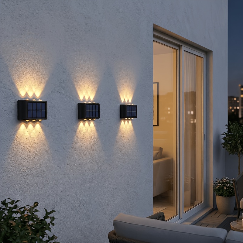 6 led solarnih zidnih svjetiljki, pogodno za vanjsku upotrebu. solarne svjetiljke za ogradu za jesensku vanjsku dekoraciju, od sumraka do  . led zidne svjetiljke za vanjske terase i garaže (dostupne u setovima od 4 ili 8) Detalji o proizvodu 6