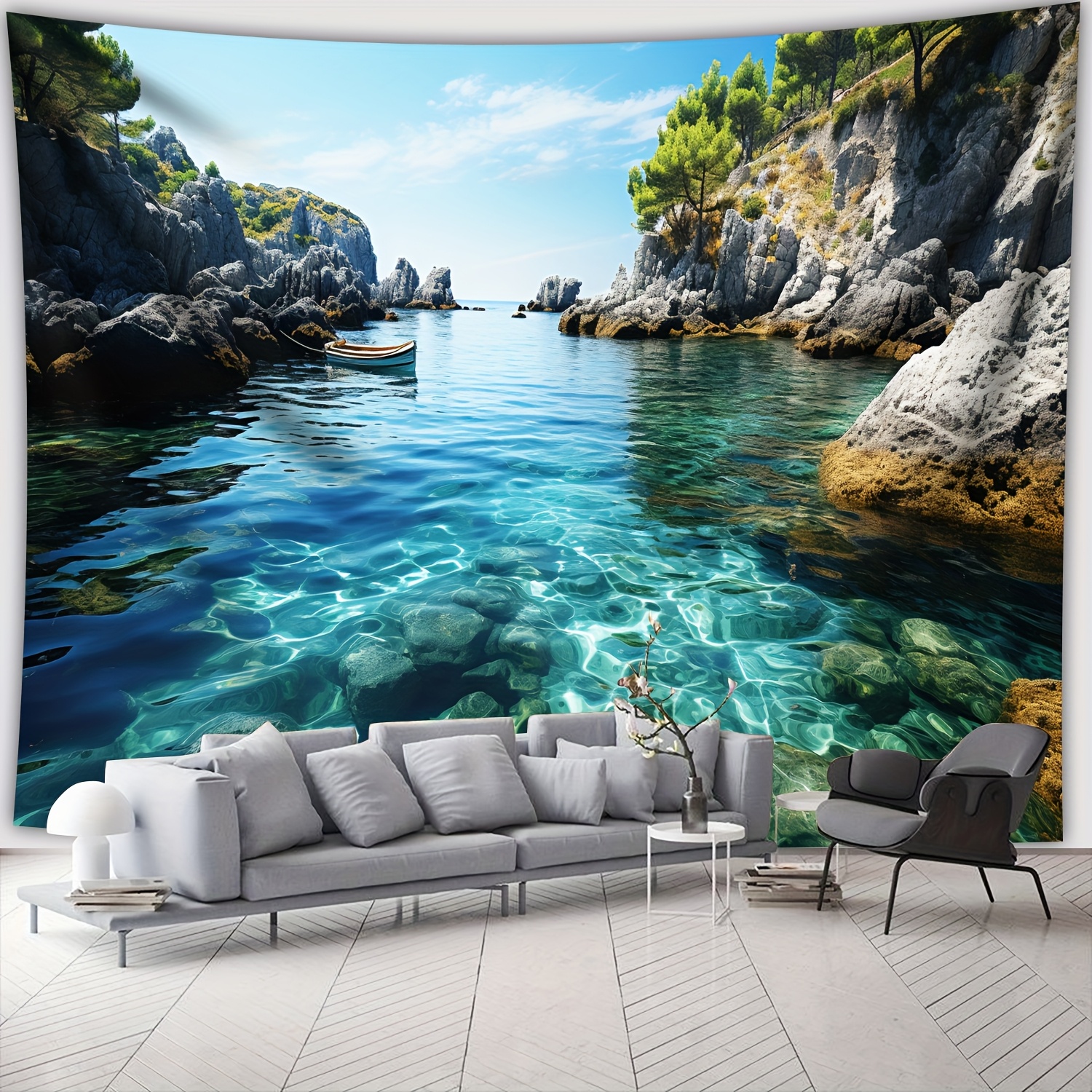 Large Landscape Landscape Wall Tapestry Blue Sea Mountain Decor_voghion.com