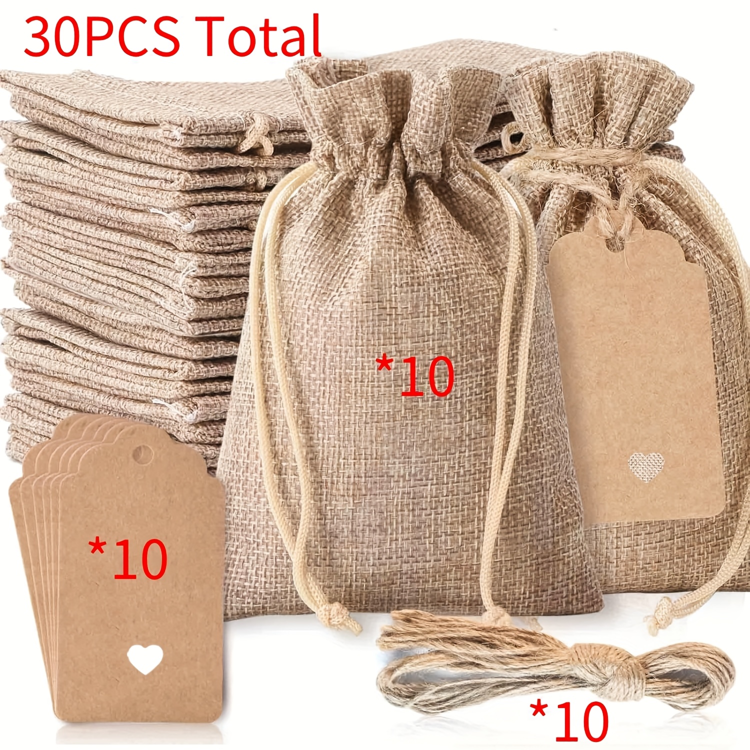 

30pcs Total Sacs Cadeaux en Toile de Jute Premium avec Cordon & Étiquettes - Sacs en Lin Réutilisables de 4x6" pour de Mariage, Pochettes à Bijoux de Fête, Loisirs Créatifs de Noël