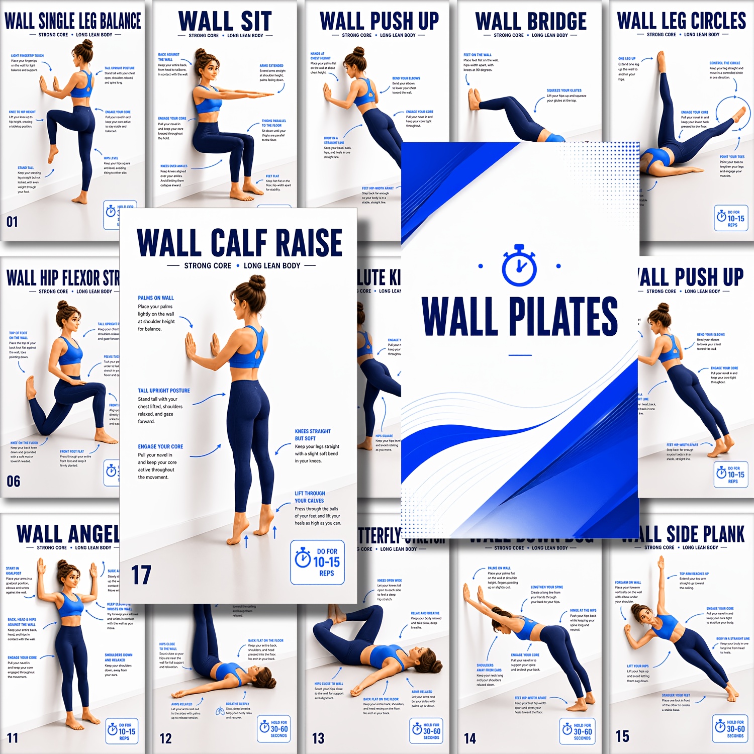 TEMU Lot de 20 cartes d'entraînement Pilates murales pour le renforcement du tronc, la flexibilité, l' et la posture - Guide de à domicile avec