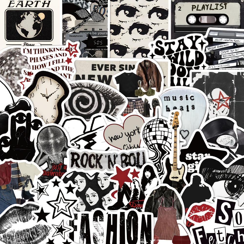 50pcs Y2K Aesthetic Stickers - Black & White Matte PVC Decals with Rock'n'Roll, Fashion, and Music Designs for Skateboards, Guitars, Luggage, DIY Projects, and Outdoor Decor, Guitar Stickers | Artistic Decals | Matte Finish