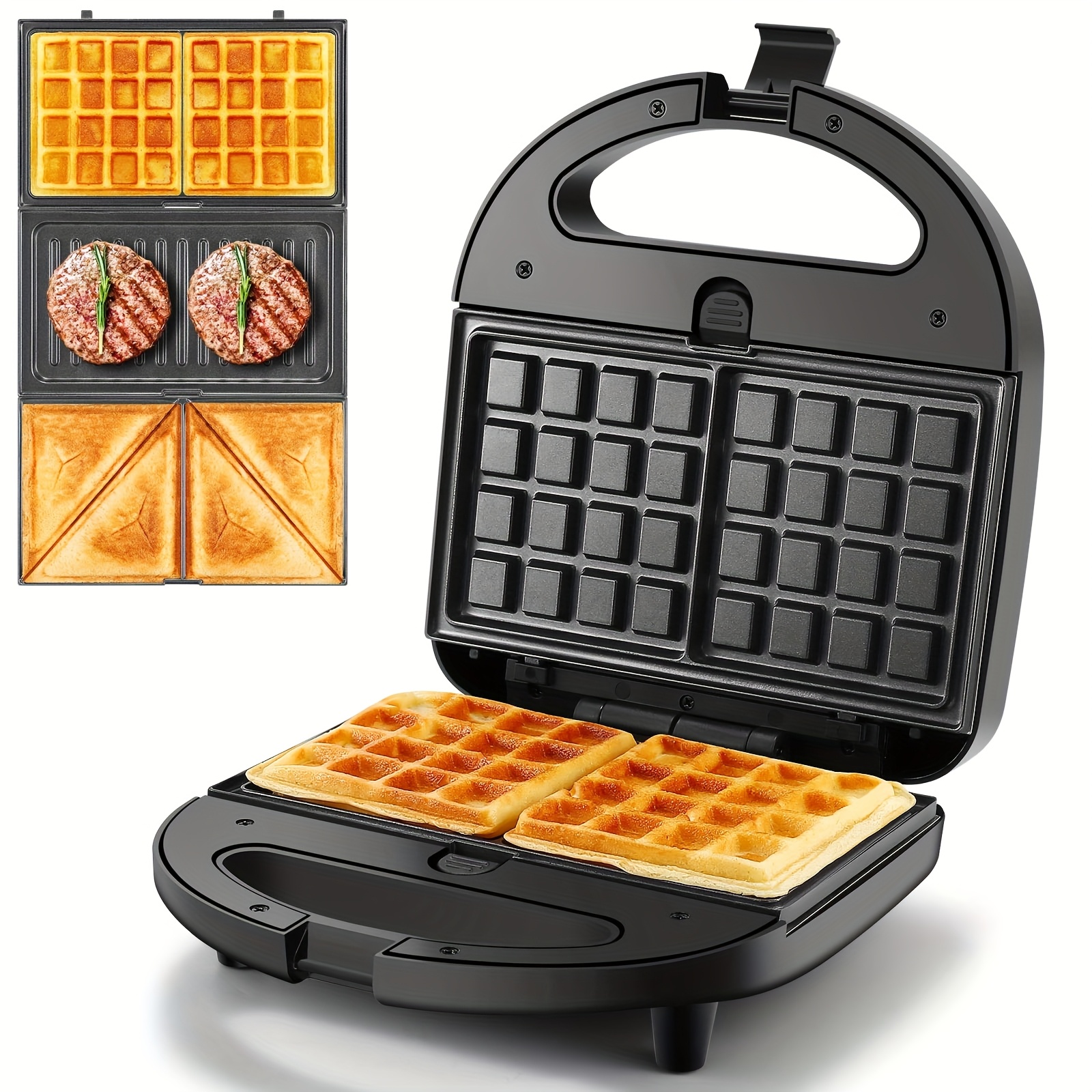 TEMU 3-in-1 Sandwich Maker, & , 750w Toaster With Removable Plates, , Sandwiches & Steaks, Black