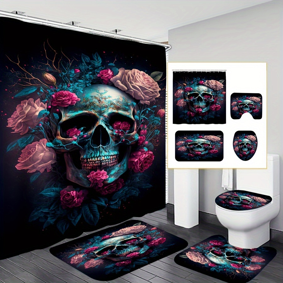 

1pc/4pcs And Flower Print Shower Curtain Set, Waterproof Shower Curtain With 12 Hooks, Non-slip Mat, Toilet Seat Cover And U-shaped Mat, Bathroom Accessories, Modern Home Bathroom Decor