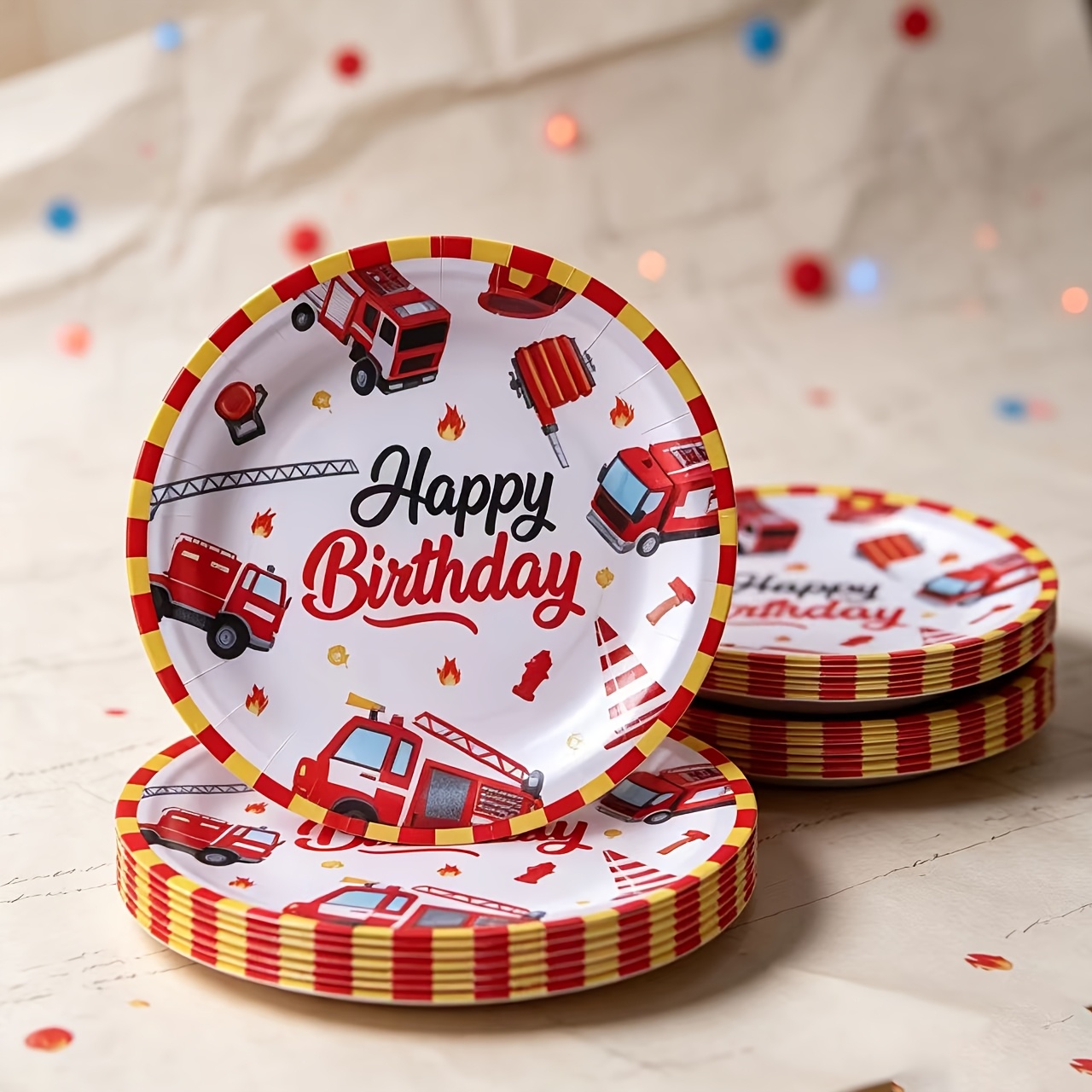 TEMU Ensemble de fête d'anniversaire sur le thème des camions de pompiers, multi-spécifications de 10/25 pièces, 7 pouces/9 pouces - Articles de fête