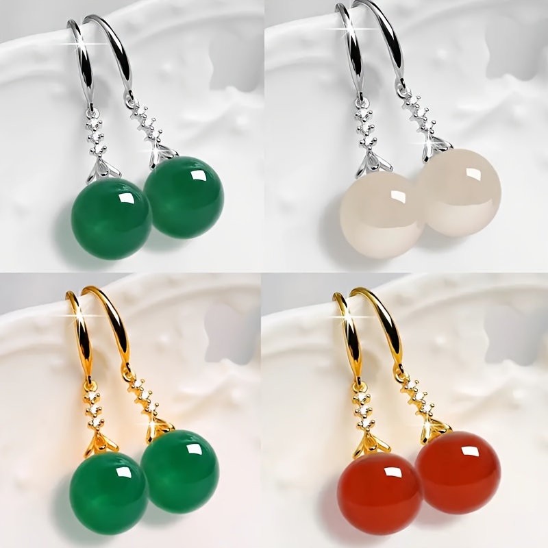 

Fashionable And Elegant Emerald Green Agate Round Gemstone Pendant Earrings, Long Women's Earring Gift, Allergy Resistant White Copper Metal, Dinner And Wedding Accessories