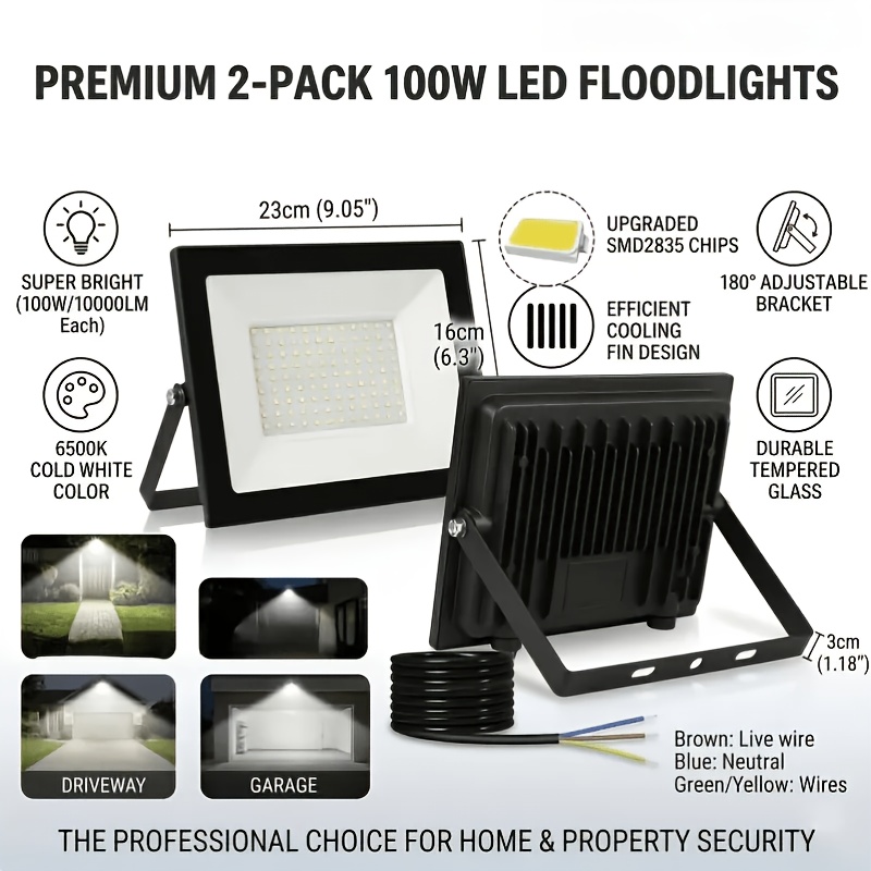 Image of Set Of 2 X 100w Led Floodlights 6500k Daylight High-lumen Wall Lights Energy-efficient Lighting For Backyards, Playgrounds, , And Parking Lots
