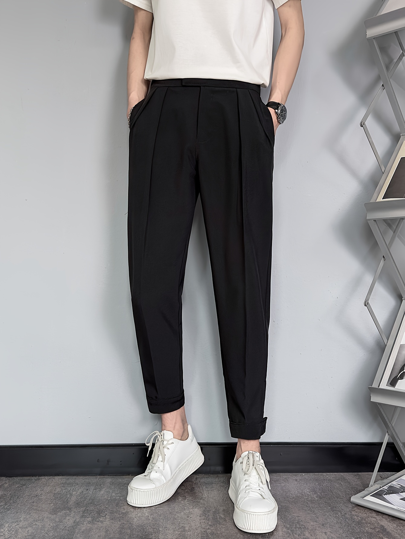 mens high waisted tapered dress pants elastic cuff belt Temu Germany