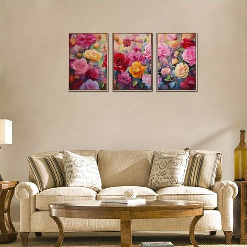 3pcs Unframed Canvas Poster, Rose & Floral Painting, Canvas Wall Art, Artwork Wall Painting For Gift, Bedroom, Office, Living Room, Cafe, Bar, Wall Decor, Home And Dormitory Decoration