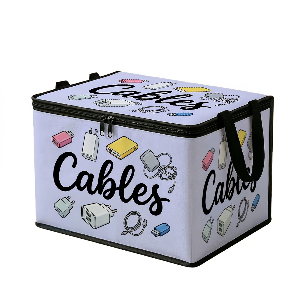 TEMU 1pc Boîte de rangement moderne de L avec couvercle | Sac pliable à fermeture rapide "Cables" à motif électronique, rangement pour couvertures,