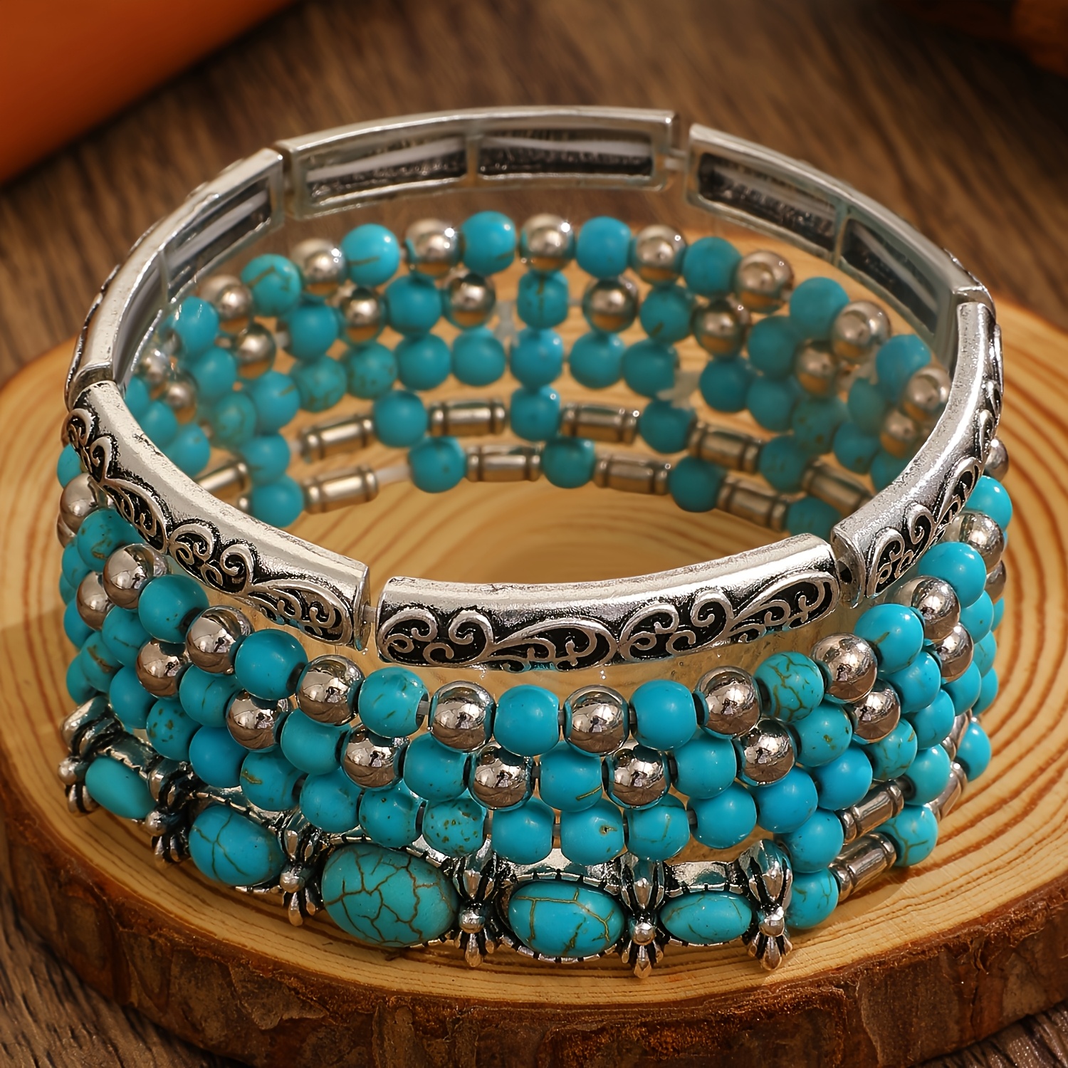 5-teiliges türkis-mehrschicht-set im boho-stil, vintage-elastikfaden-armband, handgefertigter schmuck mit perlen im ethnischen stil, vielseitiges accessoire für den sommerlichen strandurlaub, stapelbarer schmuck im ins-stil, verstellbarer elastischer stil