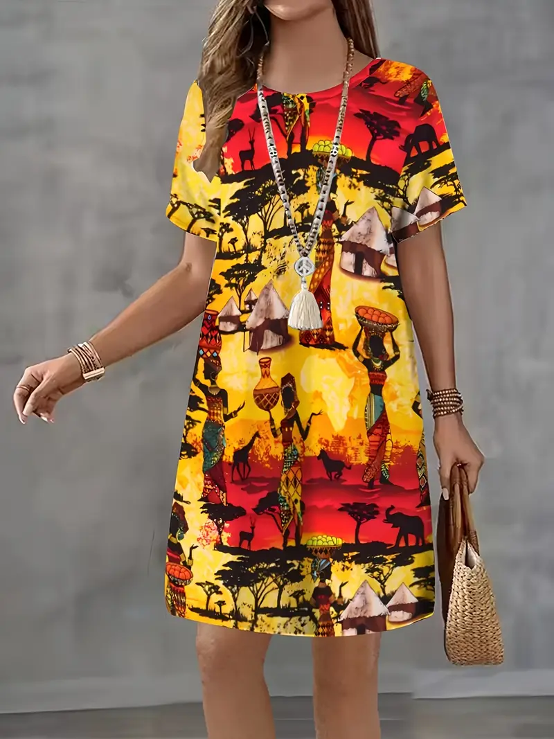 short western dress patterns Rateoe Western Desert Skull Cowboy (2) Pattern Women's Short Sleeve Dress Casual Elegant Summer A-Line Dress for Everyday Wear